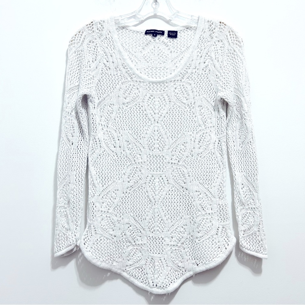 JEANNE PIERRE Women’s White Knit Floral Crochet Pointelle Cotton Blouse